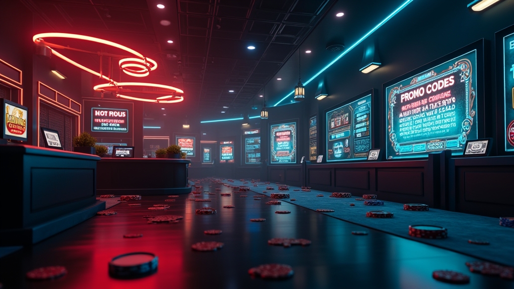 Dunkle Casino-Übersicht mit Bonusbannern und leuchtenden Code-Feldern