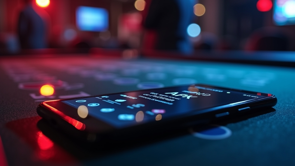 Android-Smartphone mit APK-Installationshinweis in einer dunklen Casino-Szene
