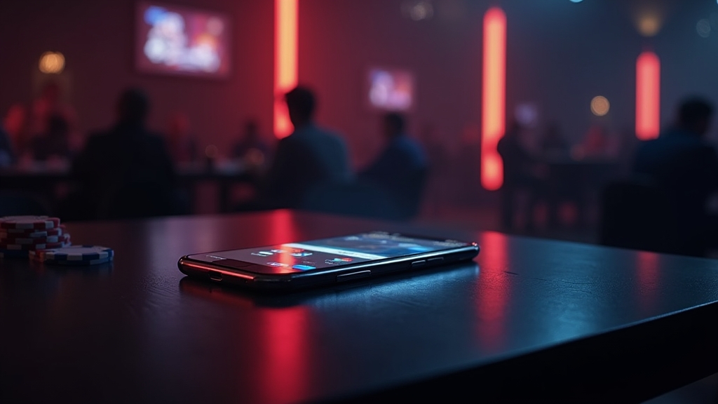 Smartphone zeigt eine mobile Download-Seite in einer dunklen Casino-Atmosphäre