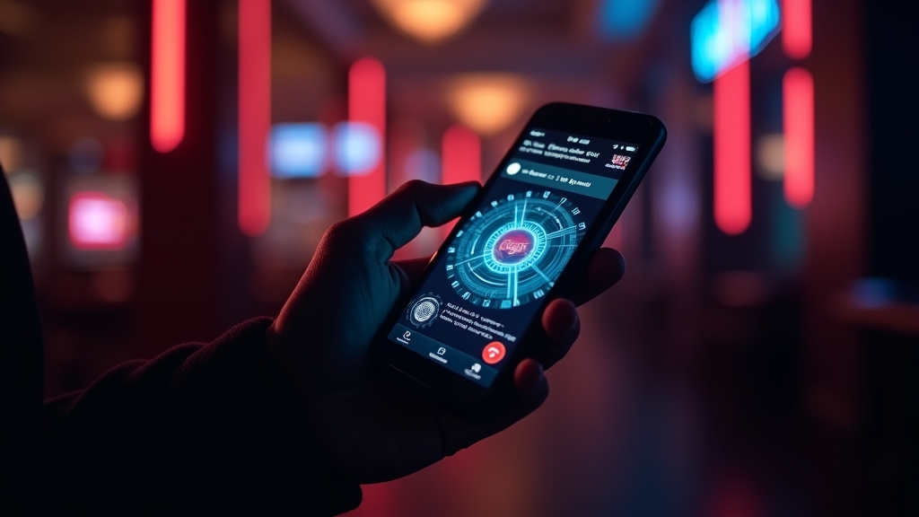 Hand hält ein Smartphone mit mobiler Casino-Oberfläche in dunkler Atmosphäre