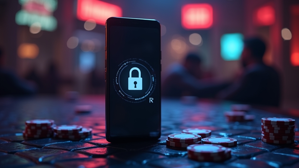 Android-Smartphone mit Sicherheits- und Kompatibilitätssymbolen in Casino-Atmosphäre